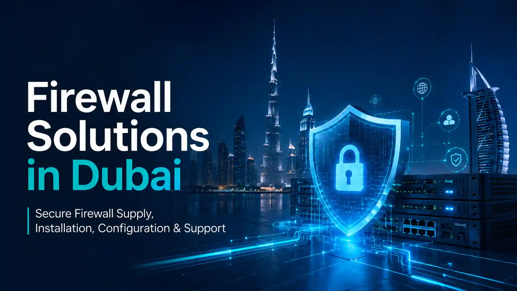 Firewall Dubai solutions hero image with cybersecurity shield and Dubai skyline